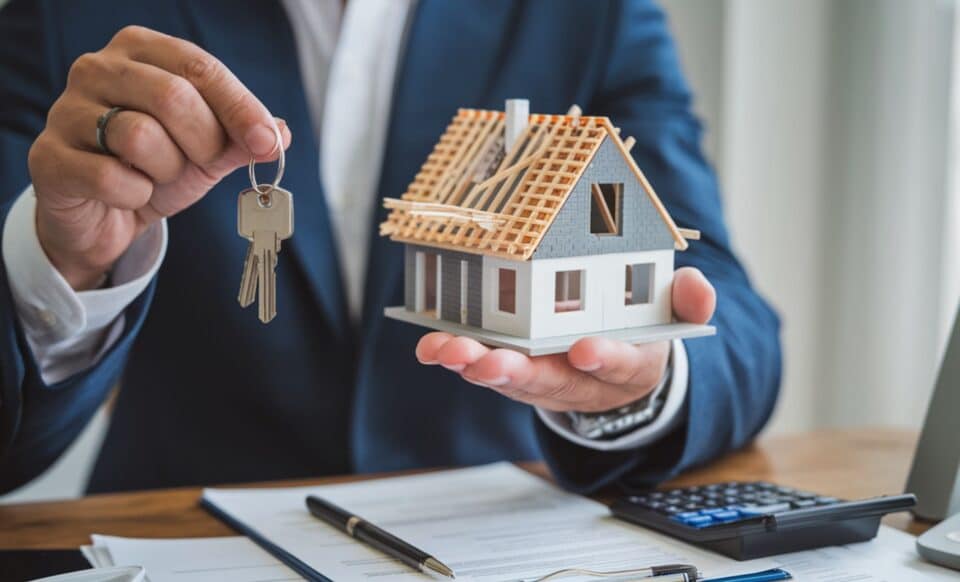 Une personne exhibant maison miniature et des clés d'un logement immobilier pour évoquer l'abattement fiscal de 50% la location nue