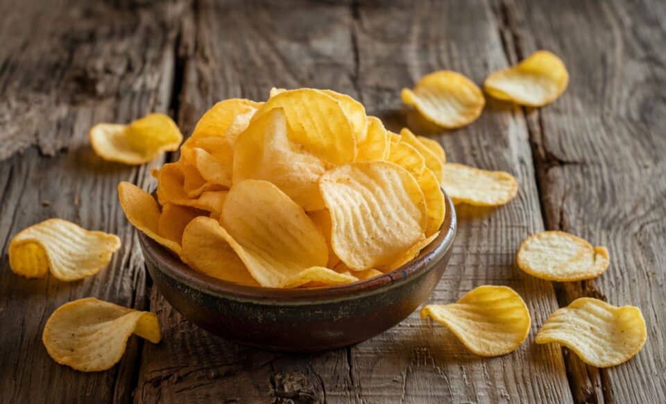 Un bol de chips sur un plan de travail en bois brut pour illustrer le rappel produit concernant des chips vendues par Intermarché