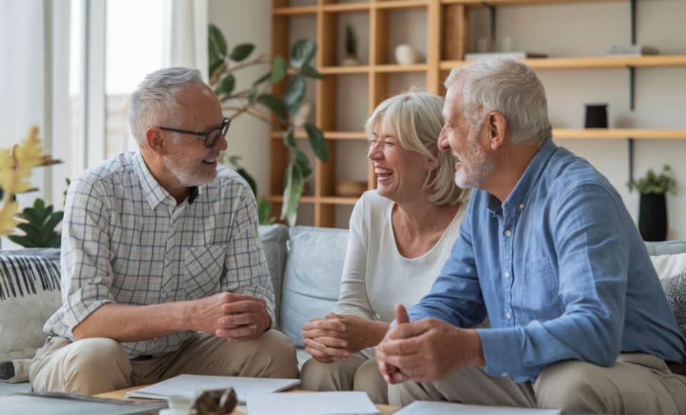 trois retraités qui discutent dans une salle de séjour