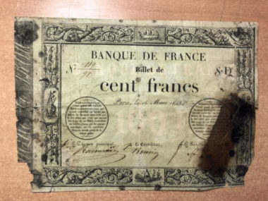 Des billets de Franc, à l'effigie de personnalités connues, se vendent à plusieurs milliers d'euros en France, mais gare aux arnaques. Un billet de 100 franc du 16 mars 1848 - Crédit : Bruno Visentini
