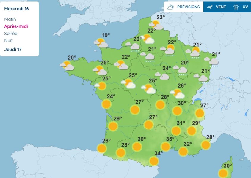 Météo : averses dans le nord et jusqu'à 35° attendus dans le sud Météo