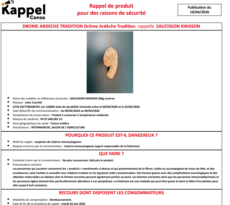 Listeria : rappel massif de saucissons vendu chez Leclerc, Carrefour, Super U... Saucisson