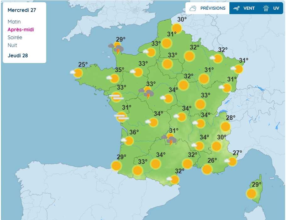 Carte de Météo France Météo : voici les 11 départements placés en vigilance orange canicule