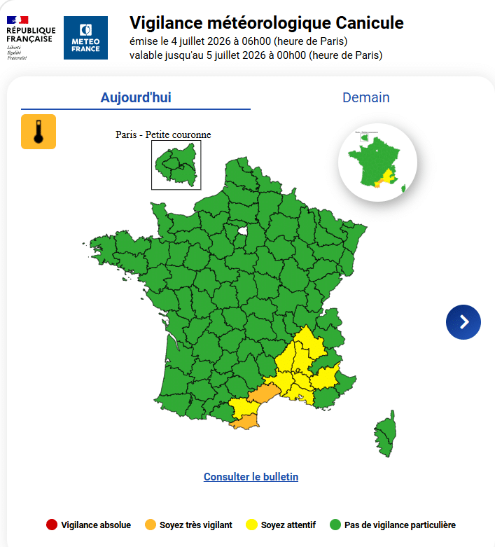 Carte Météo France Météo : les départements placés en vigilance canicule ce samedi