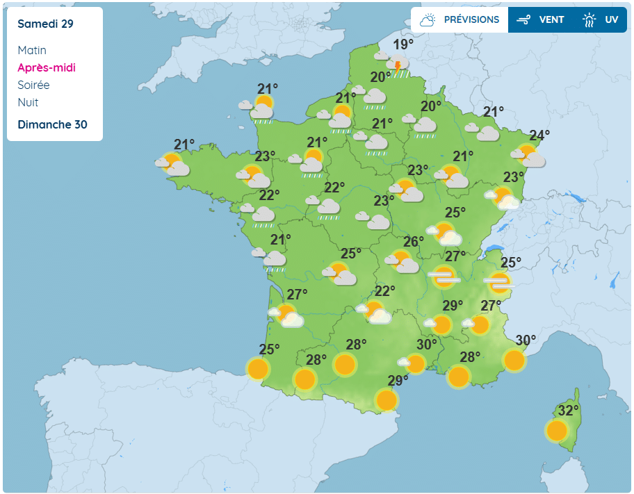 Carte Météo France du samedi 29 août Météo : une nouvelle perturbation pluvieuse et venteuse touchera le pays cet après-midi, les régions concernées